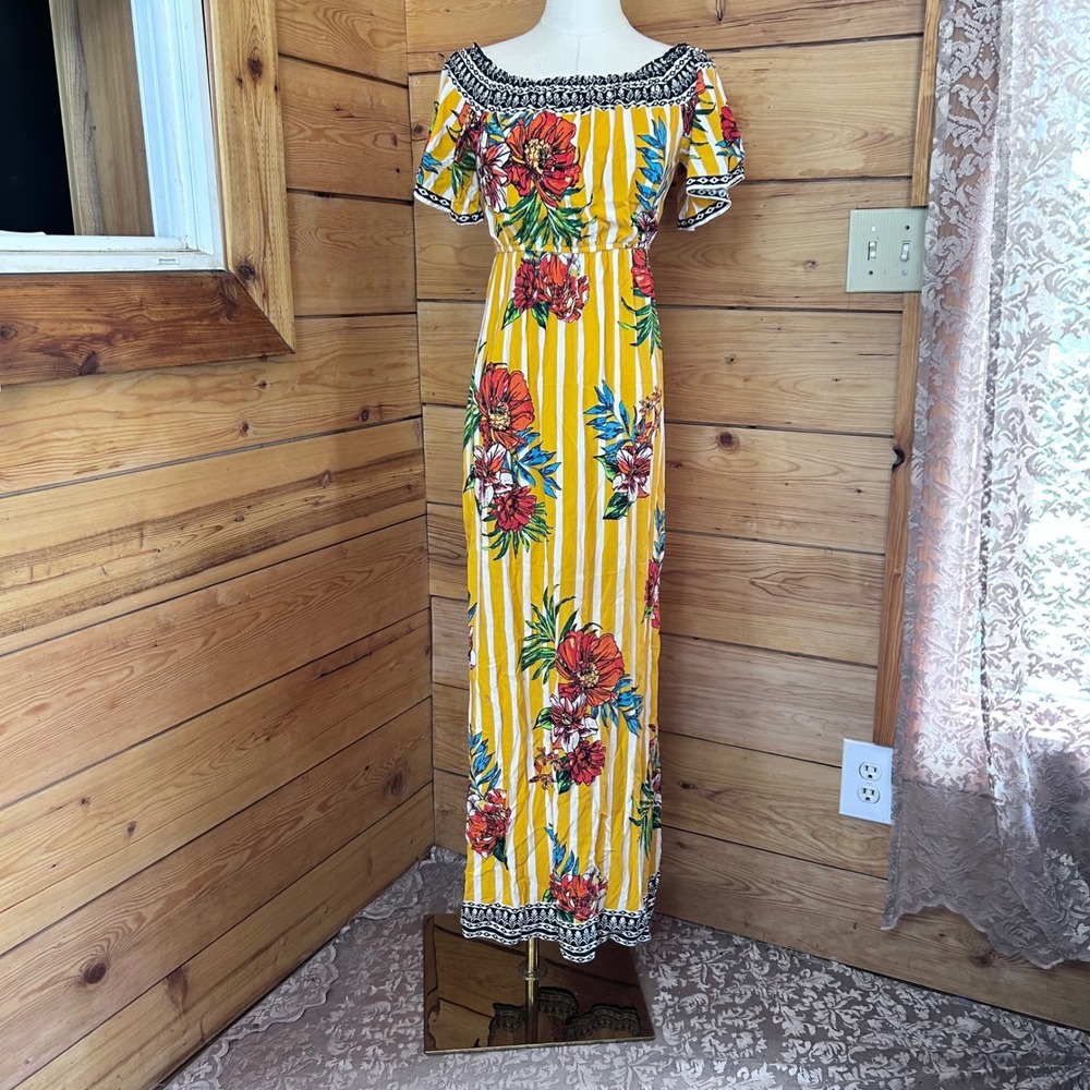 Maxi Dress Womens Small Yellow Floral Striped Boho Off Shoulder Flying Tomato